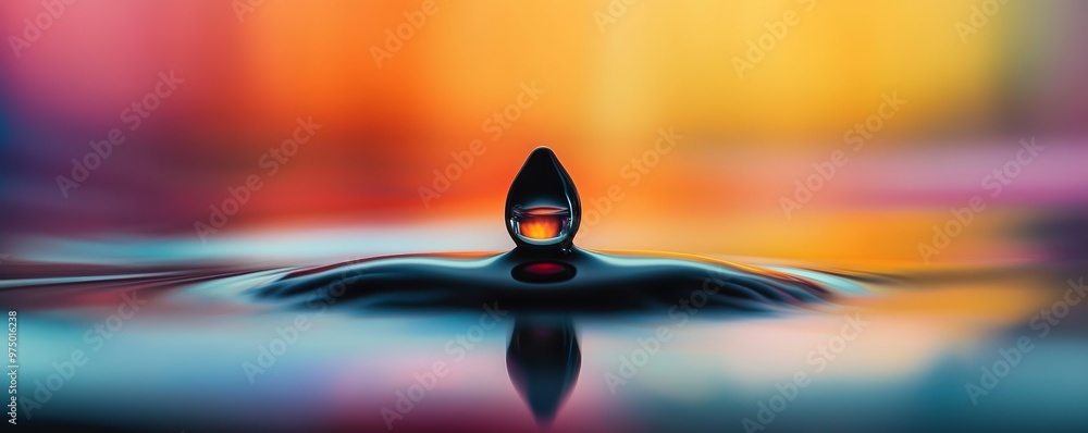 Poster close-up of water droplet with colorful reflection, abstract photography. fluid art and serenity con