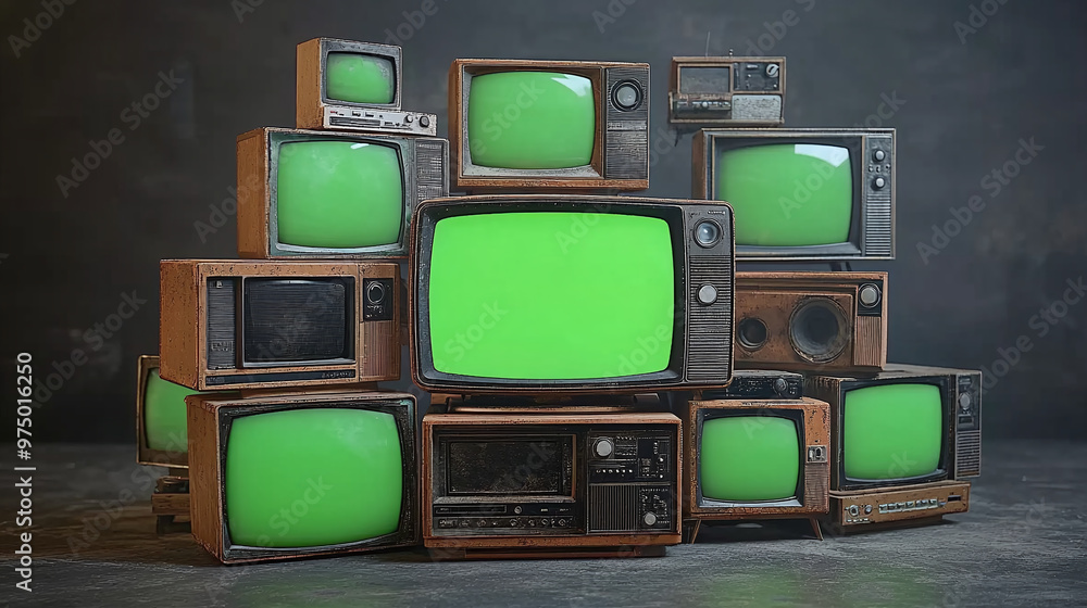 Poster artistic 3d rendered composition stack old classic television with green screen monitors random posi