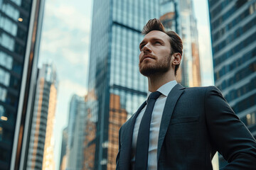 Fototapeta premium portrait of a professional man in formal suit standing in front of his office building 