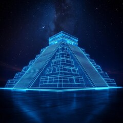 Virtual Chichen Itza, glowing holographic ruins, starry night, futuristic Mexico