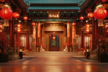 Enchanting Evening at a Traditional Chinese Lantern-Filled Temple Courtyard