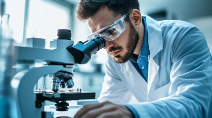 A scientist in a lab coat analyzing samples under a microscope in a modern laboratory, copy space