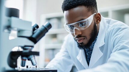A scientist in a lab coat analyzing samples under a microscope in a modern laboratory, copy space