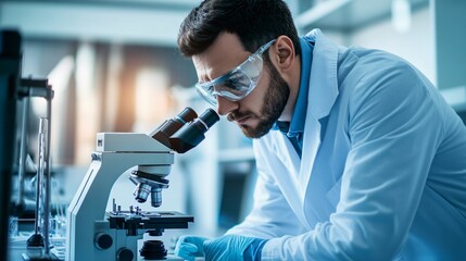 A scientist in a lab coat analyzing samples under a microscope in a modern laboratory, copy space