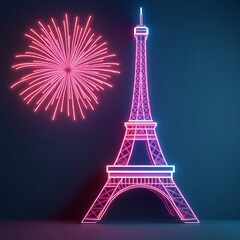 Virtual Eiffel Tower fireworks, neon hologram celebration, Paris night skyline