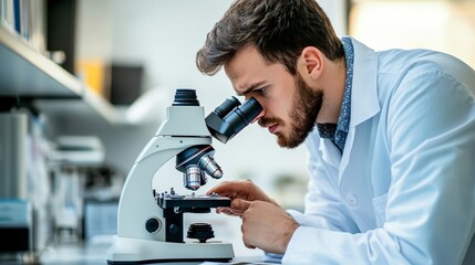 A scientist in a lab coat analyzing samples under a microscope in a modern laboratory, copy space