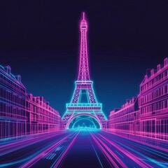 Virtual Eiffel Tower, holographic cityscape, augmented reality Paris, night glow