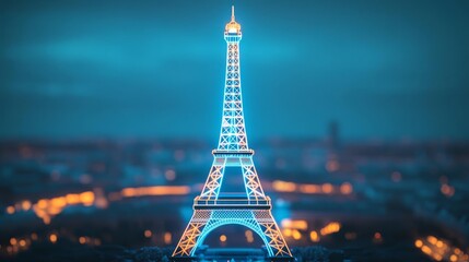 Virtual Eiffel Tower, holographic cityscape, augmented reality Paris, night glow