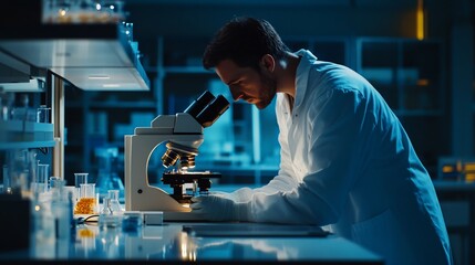 A scientist in a lab coat analyzing samples under a microscope in a modern laboratory, copy space