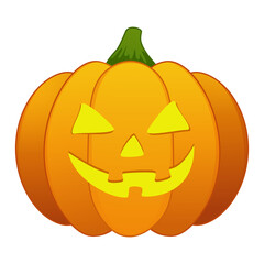 Halloween pumpkin cartoon on white background. Glowing light of candle is eyes, cute smiling carved smile, cartoon