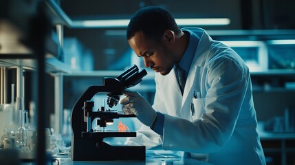 A scientist in a lab coat analyzing samples under a microscope in a modern laboratory, copy space