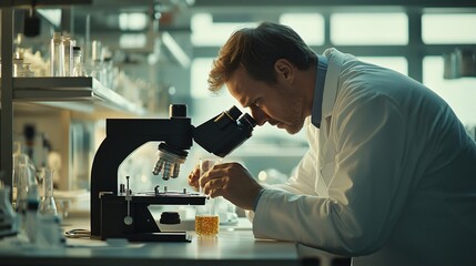 A scientist in a lab coat analyzing samples under a microscope in a modern laboratory, copy space