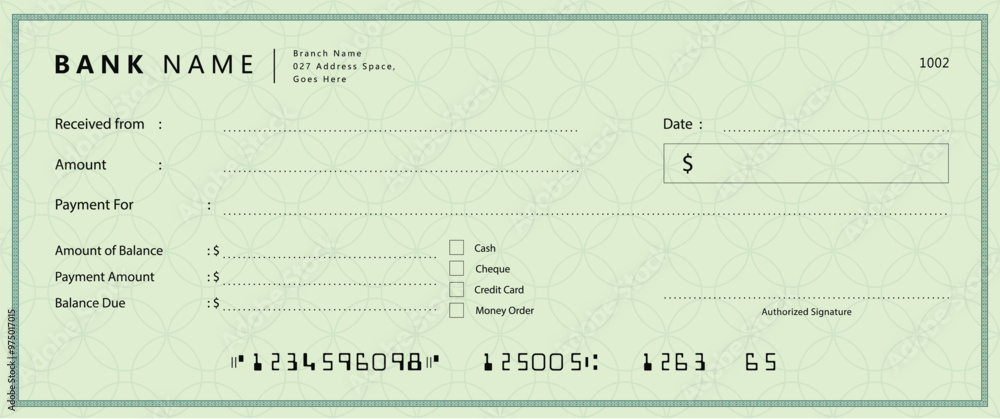 Wall mural empty money cheque. bank check. check book template with pattern and blank fields. currency payment 