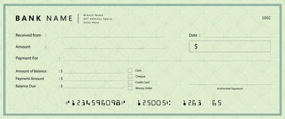 Empty money cheque. Bank check. check book template with pattern and blank fields. Currency payment coupon, US dollar check background.