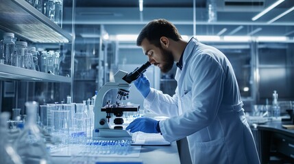A scientist in a lab coat analyzing samples under a microscope in a modern laboratory, copy space