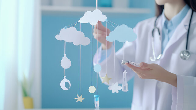 caring pediatrician  doctor put the mobile on top of  the baby cot 