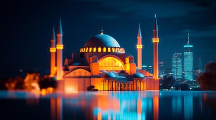 Virtual Hagia Sophia, glowing holographic mosque, neon Istanbul skyline, future Turkey