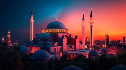 Virtual Hagia Sophia, glowing holographic mosque, neon Istanbul skyline, future Turkey