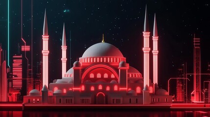 Virtual Hagia Sophia, glowing holographic mosque, neon Istanbul skyline, future Turkey