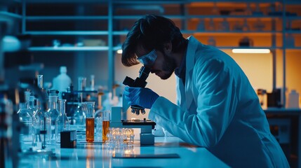 A scientist in a lab coat analyzing samples under a microscope in a modern laboratory, copy space