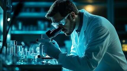 A scientist in a lab coat analyzing samples under a microscope in a modern laboratory, copy space