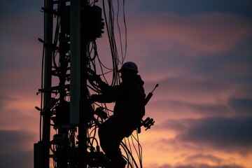 Silhouette of a telecommunications engineer working on a tower at sunset