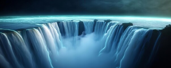 Virtual Iguazu Falls, glowing holographic water, augmented reality Argentina and Brazil