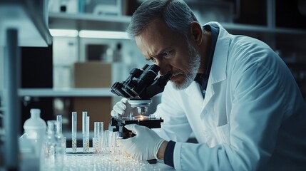 A scientist in a lab coat analyzing samples under a microscope in a modern laboratory, copy space