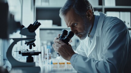 A scientist in a lab coat analyzing samples under a microscope in a modern laboratory, copy space