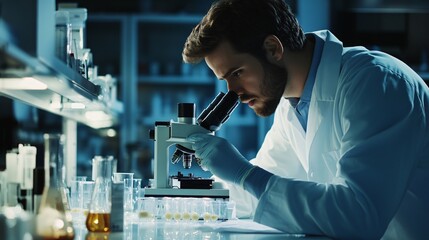 A scientist in a lab coat analyzing samples under a microscope in a modern laboratory, copy space