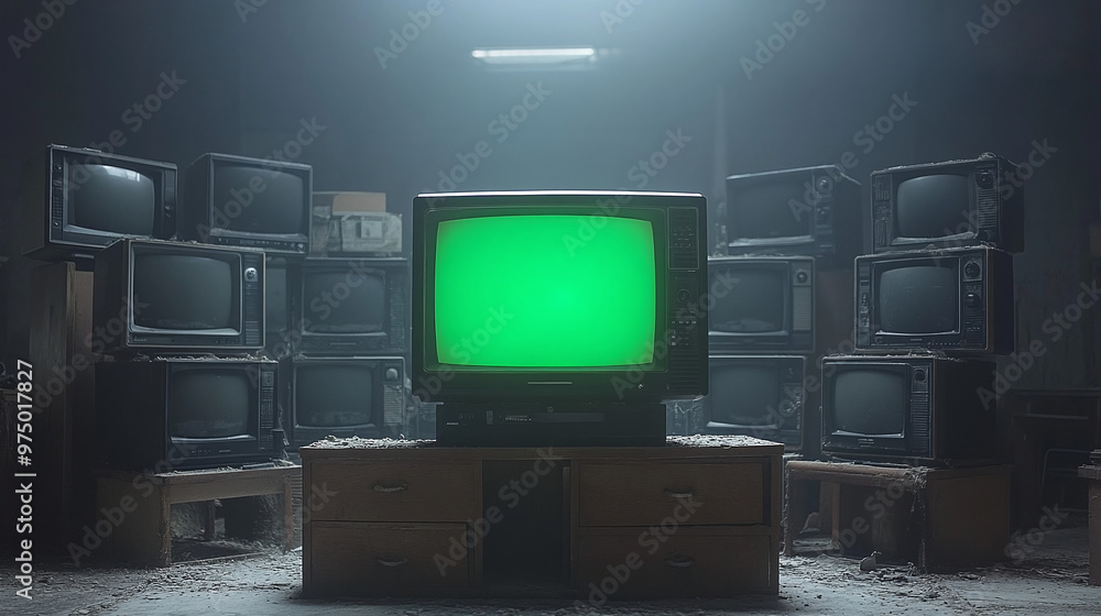 Poster artistic 3d rendered composition stack old classic television with green screen monitors random posi