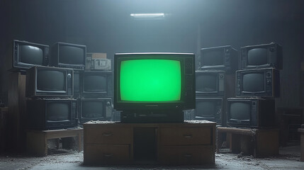 artistic 3d rendered composition stack old classic television with green screen monitors random positions in empty room dynamic composition cinematic lighting video element chroma key video element