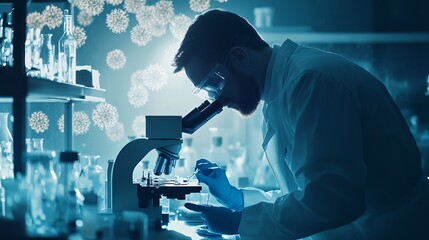 A scientist in a lab coat analyzing samples under a microscope in a modern laboratory, copy space