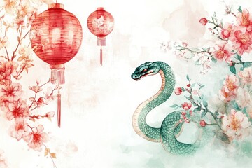 Obraz premium Elegant Oriental Design with Cherry Blossoms, Lanterns, and Serpent