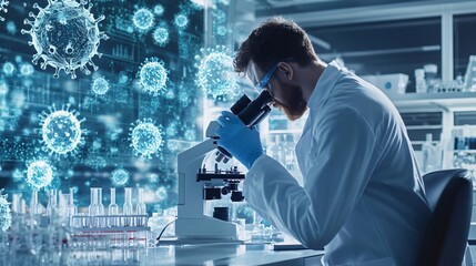 A scientist in a lab coat analyzing samples under a microscope in a modern laboratory, copy space