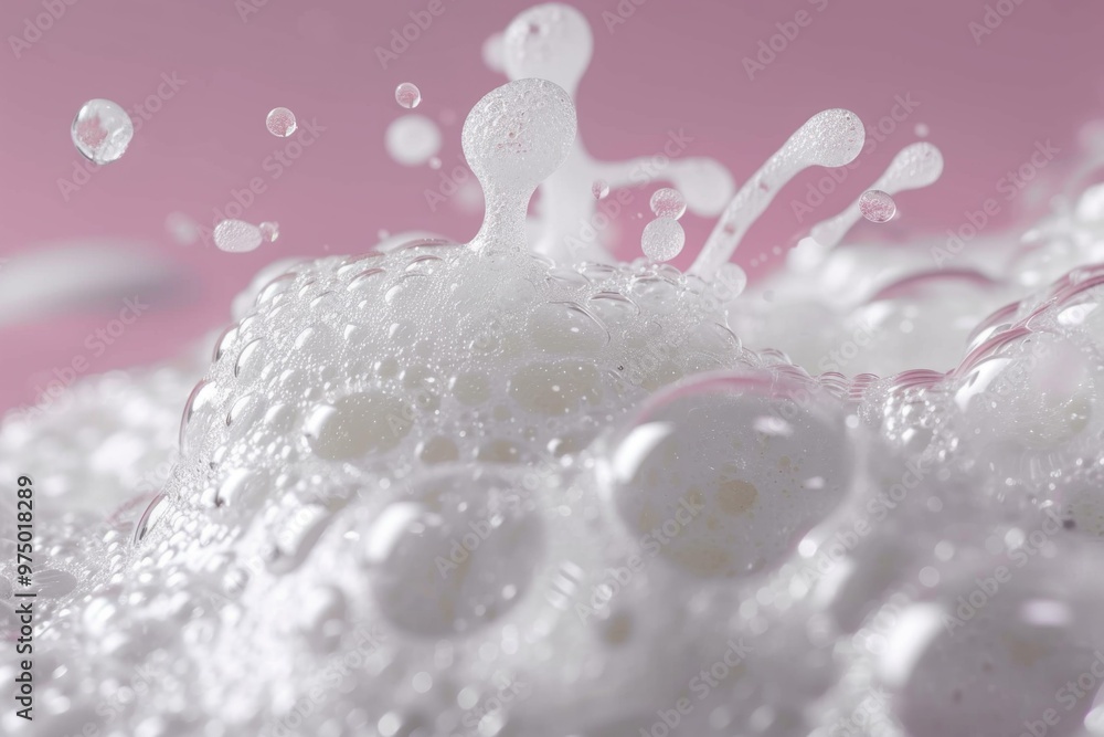 Poster White foam bubbles forming on a pink background, creating an abstract and textured pattern