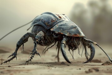 Giant beetle robot with spindly legs and rusted metal plating is walking across a barren desert landscape