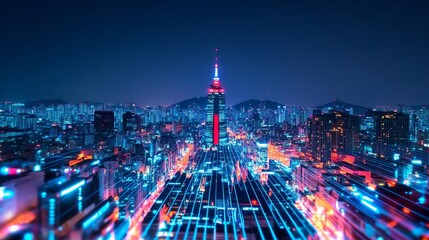 Virtual Seoul Tower, glowing holographic cityscape, futuristic South Korea