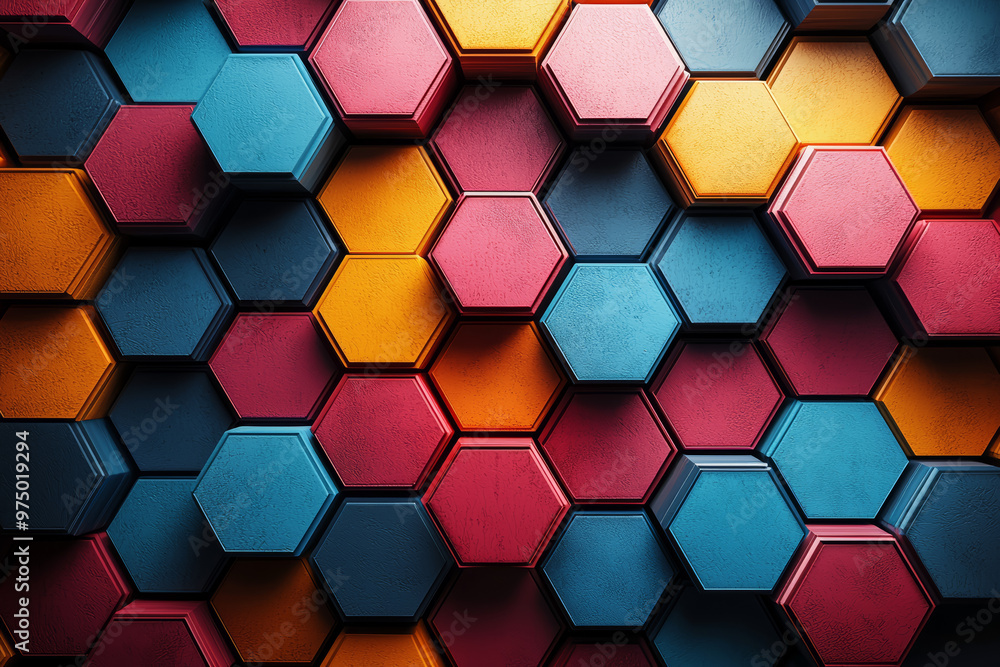 Poster a vivid, geometric pattern of interlocking colors creating a dynamic, eye-catching visual effect. co