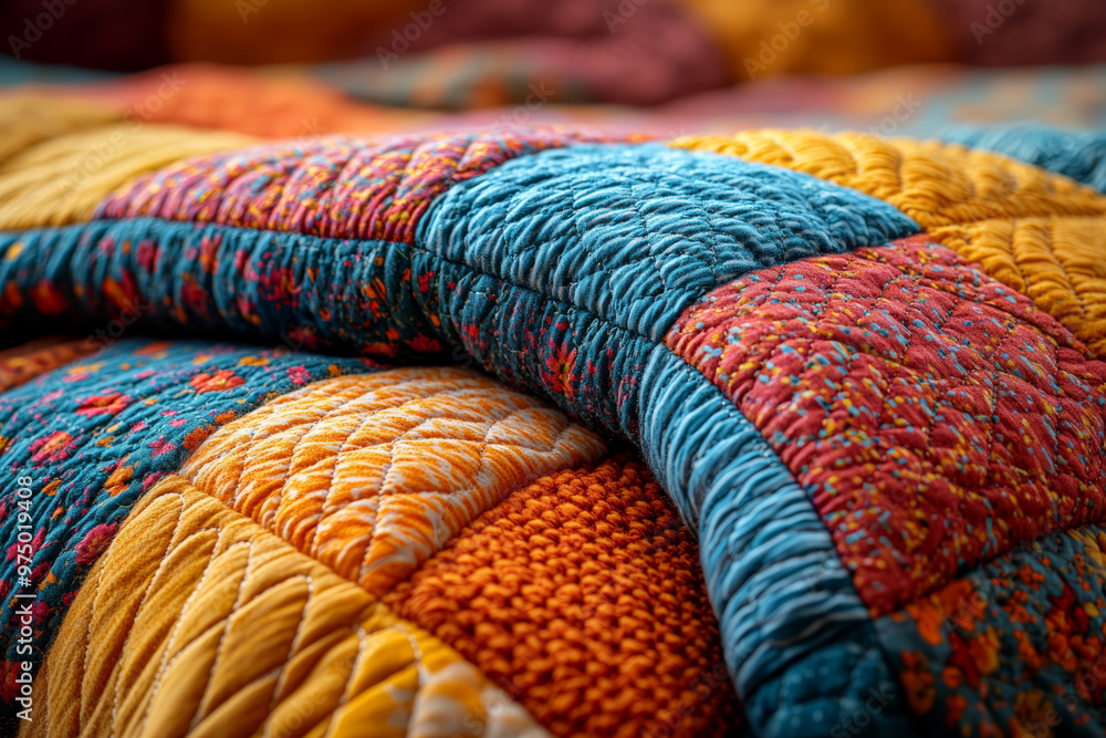 Poster a vibrant, colorful quilt with various patterns and shades, adding warmth and character to a room. c