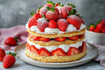 A front view of an elegant strawberry shortcake, with layers of fluffy sponge cake, fresh strawberries, and whipped cream. The cake is topped with a mound of strawberries and a light dusting of