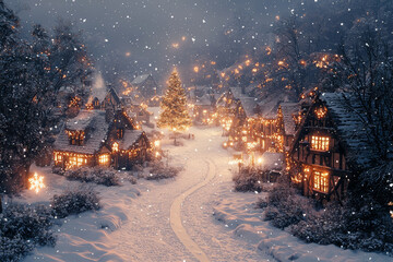 Fototapeta premium A snow-covered village at night, with warm lights glowing in the windows and a decorated tree in the town square. Concept of community and holiday spirit.