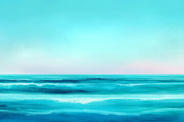 Fototapeta premium A coastal scene with a gradient background where the sky blends from a bright turquoise near the horizon to a deep indigo higher up. The ocean mirrors the gradient, with gentle waves transitioning