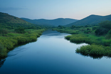A tranquil river in a lush, green valley with a gradient sky shifting from a pale blue at the horizon to a rich, deeper blue above. The river_s surface mirrors the gradient, and the lush vegetation on