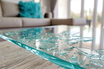 Pieces of broken glass are lying on a glass table in a blurred living room