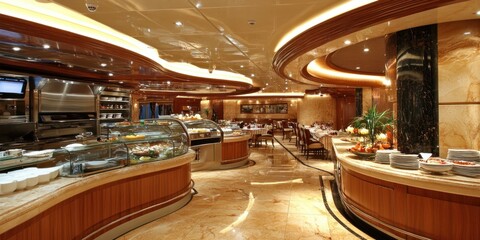 A modern, luxurious buffet restaurant with a polished marble floor and wooden accents. The buffet features a variety of dishes and desserts.
