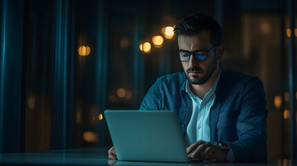 A Man in Glasses Works on a Laptop in a Dark Room