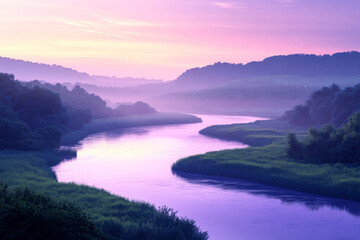 Fototapeta premium A serene landscape with a river winding through a gradient valley. The sky transitions from a soft lavender at the horizon to a deep indigo above. The river reflects the gradient colors, with the bank