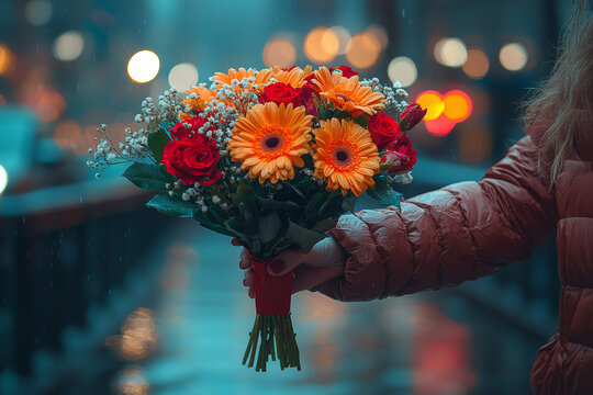 A person handing out flowers to strangers on the street, brightening their day. Concept of random acts of kindness and spreading happiness.