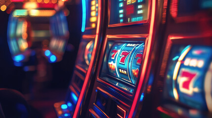 Naklejka premium casino gaming slot machines next to each other point of view colorful background 